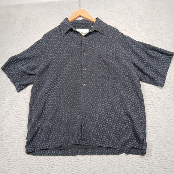 Vintage Silk Shirt Mens Large Black Blue Geometric Short Sleeve 100% Silk Camp - Picture 1 of 6